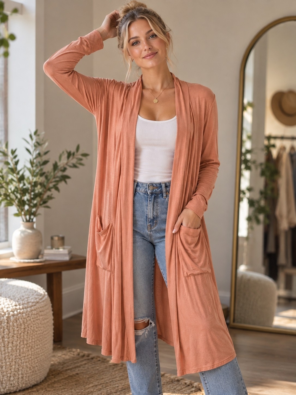 Active USA Coral Peach Open Front Long Sleeve Duster Cardigan - Small